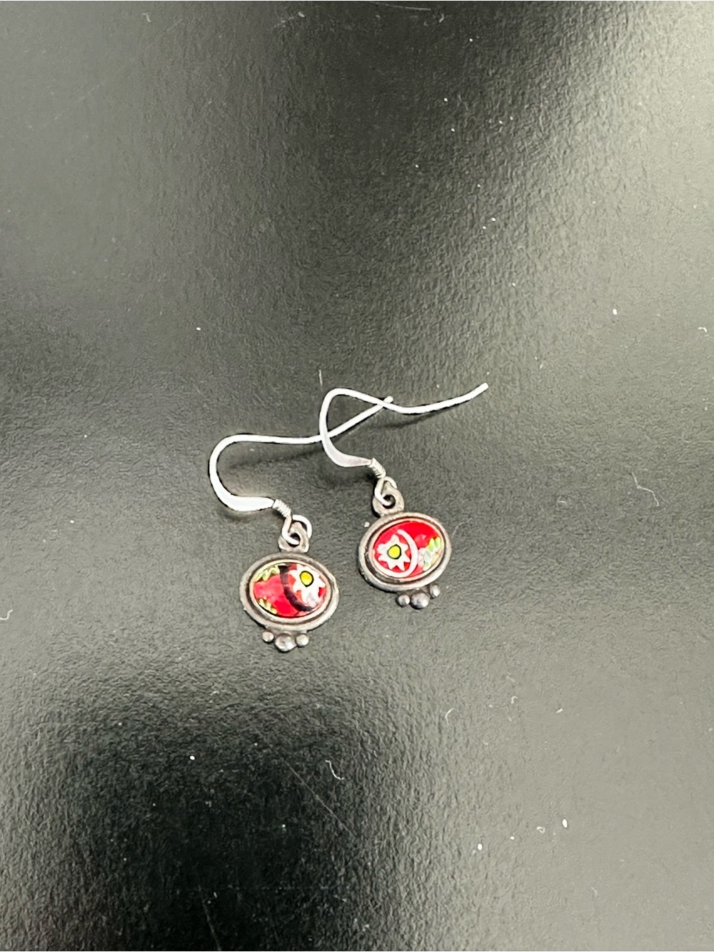 Red Floral Drop Earrings with Silver-Tone Accents